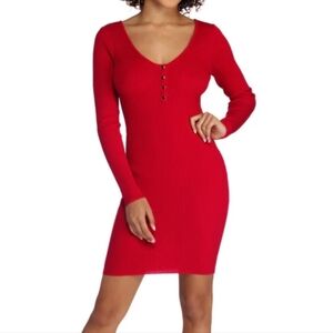 Fashion Nova Dress Long Sleeve Bodycon V Neck Ribbed Knit Mini Red, Medium Size